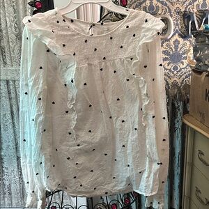 LOFT White Blouse with Black Dots and Ruffles